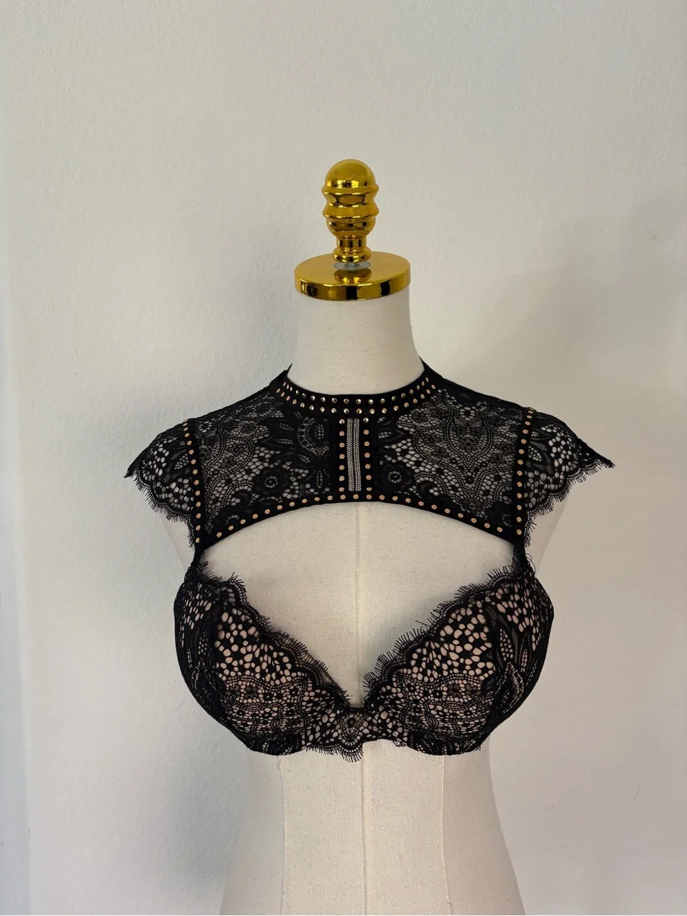 Victoria's Secret Black Lace High-Neck Studded Bralette with Nude Underlay
